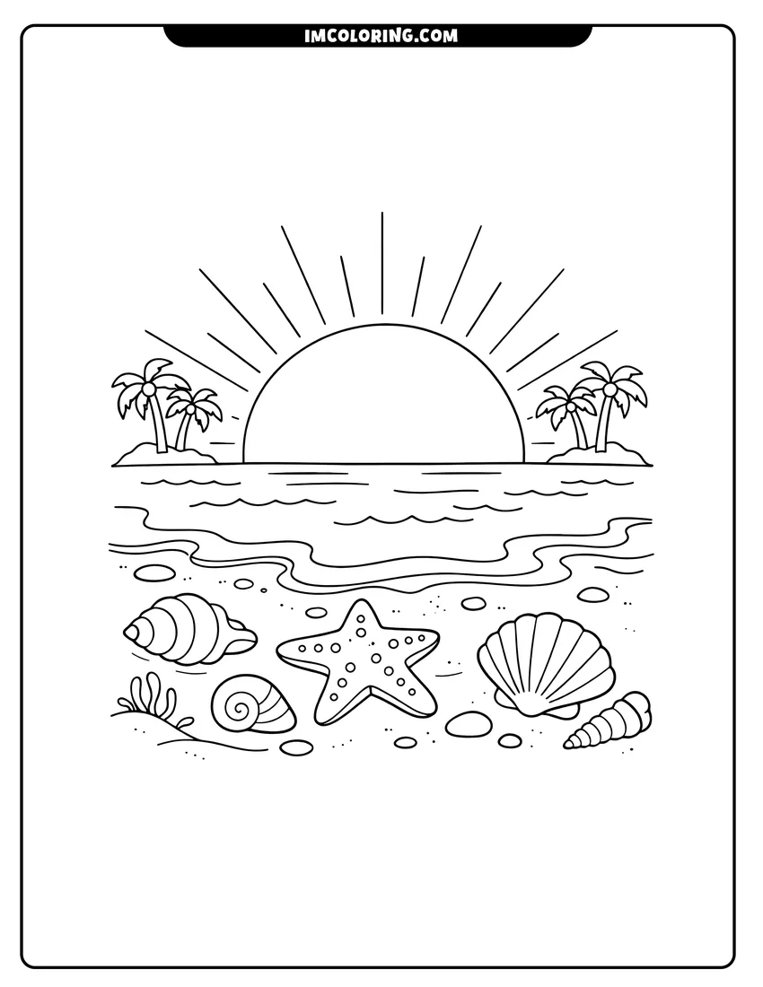 Black and white Sun rising over the ocean with shells on sand coloring sheet
