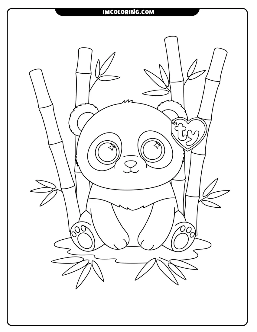 Illustration of Beanie Boo panda sitting in a bamboo forest ready for painting