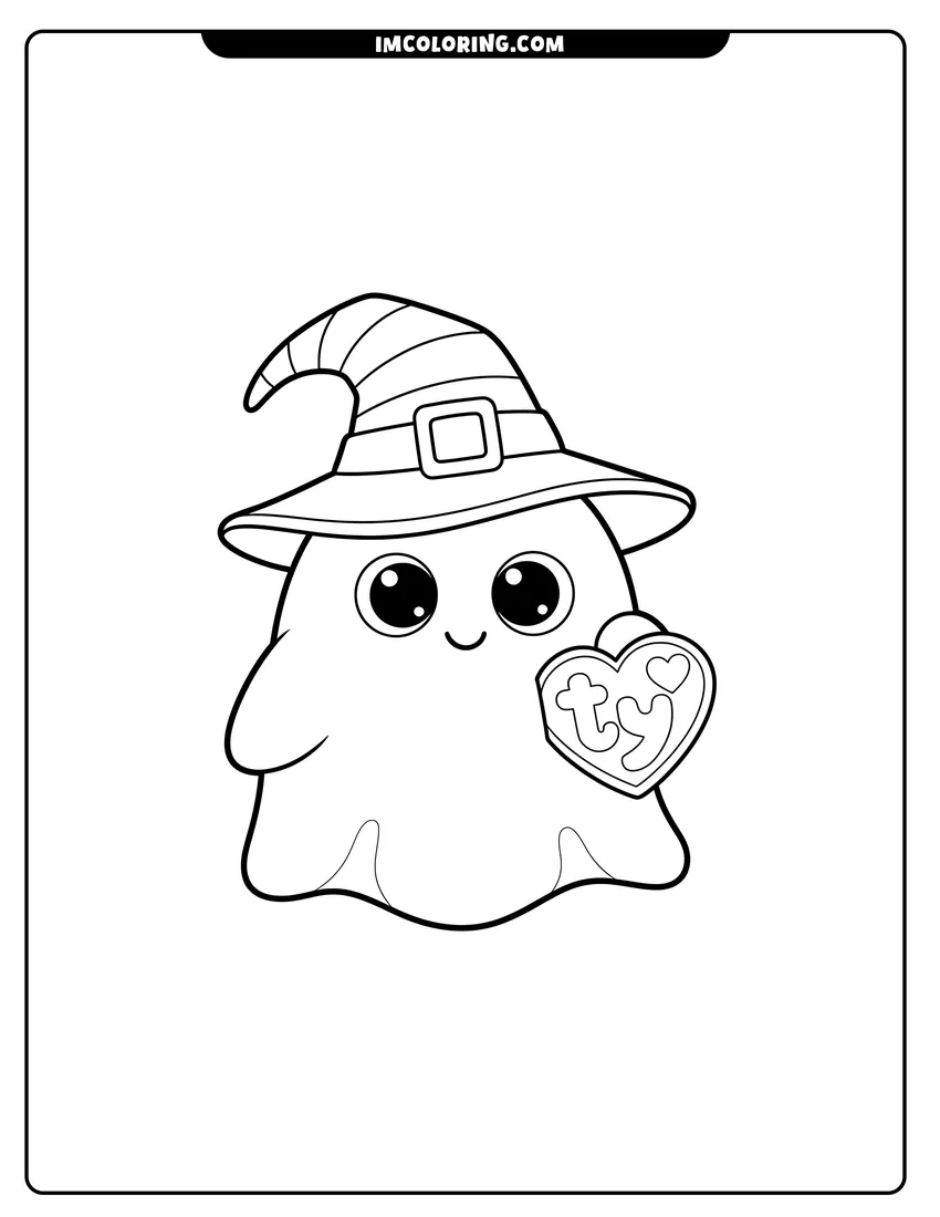 Printable Cute Beanie Boo ghost wearing a witch hat coloring activity