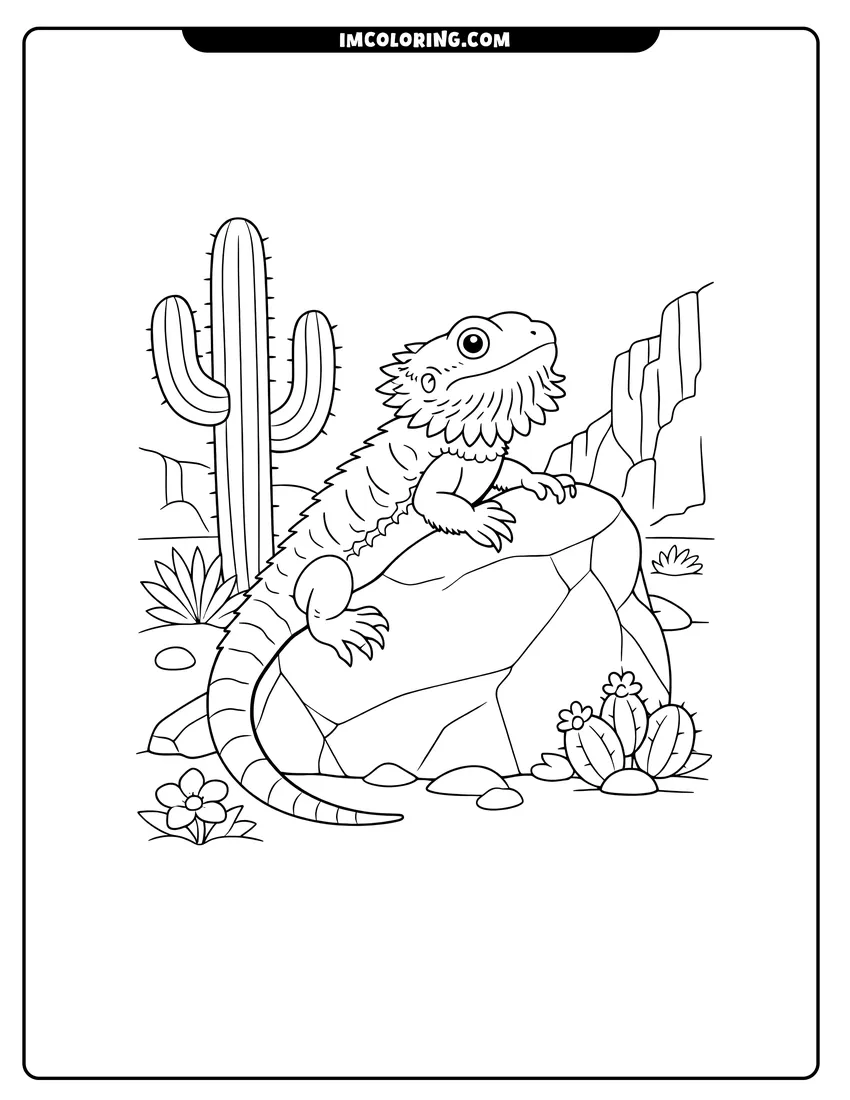 Simple sketch of Bearded dragon climbing a large rock in the desert for children