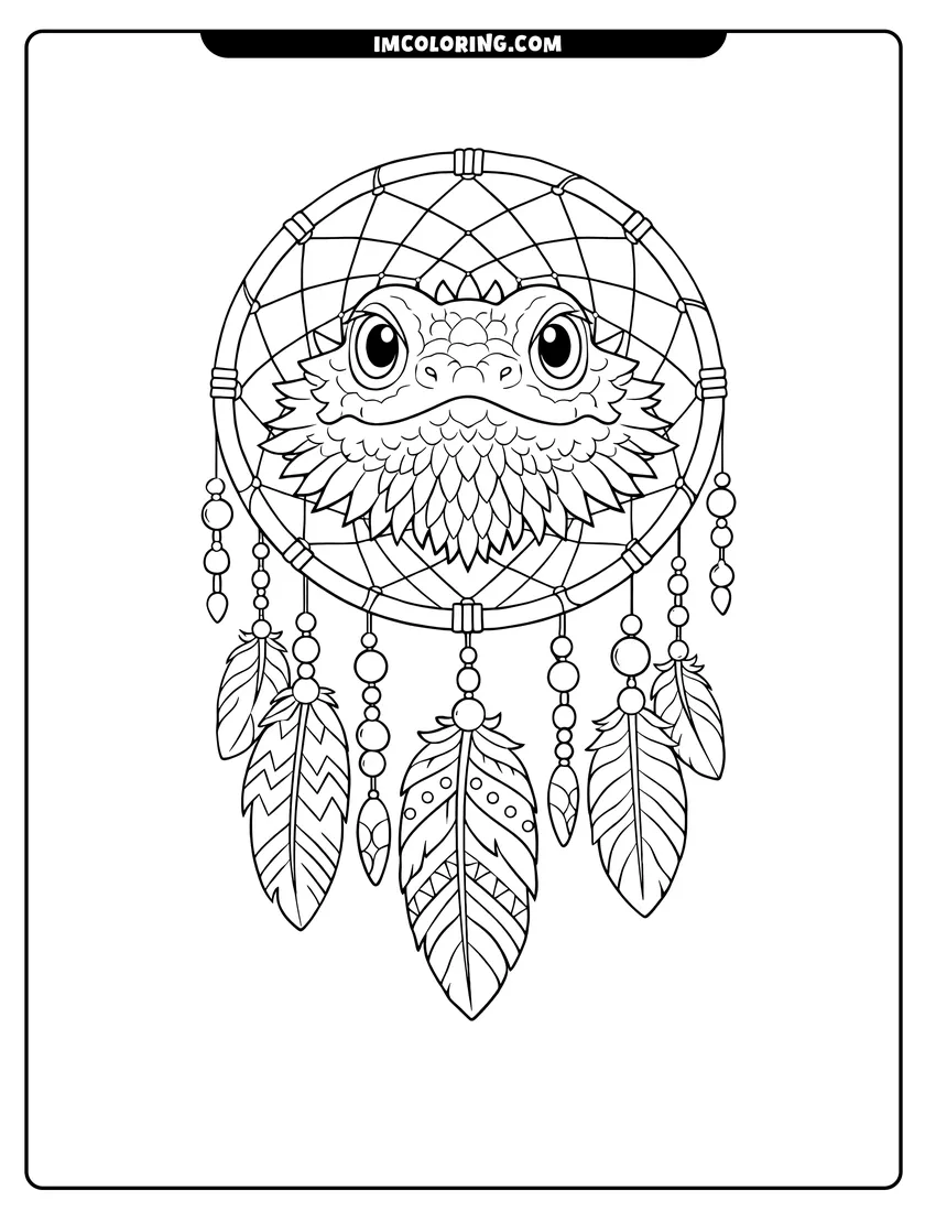 Detailed Bearded dragon head integrated into a dreamcatcher design for coloring