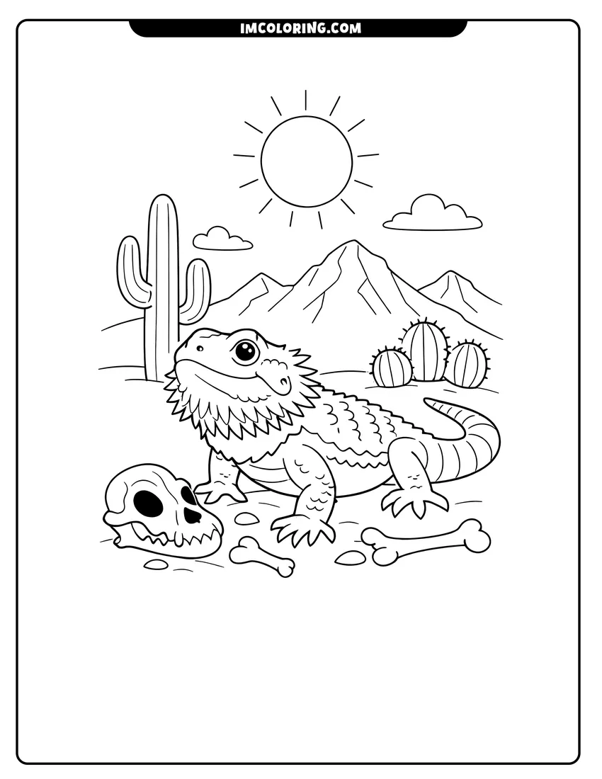 Kids activity sheet showing Bearded dragon with detailed scales in a desert landscape