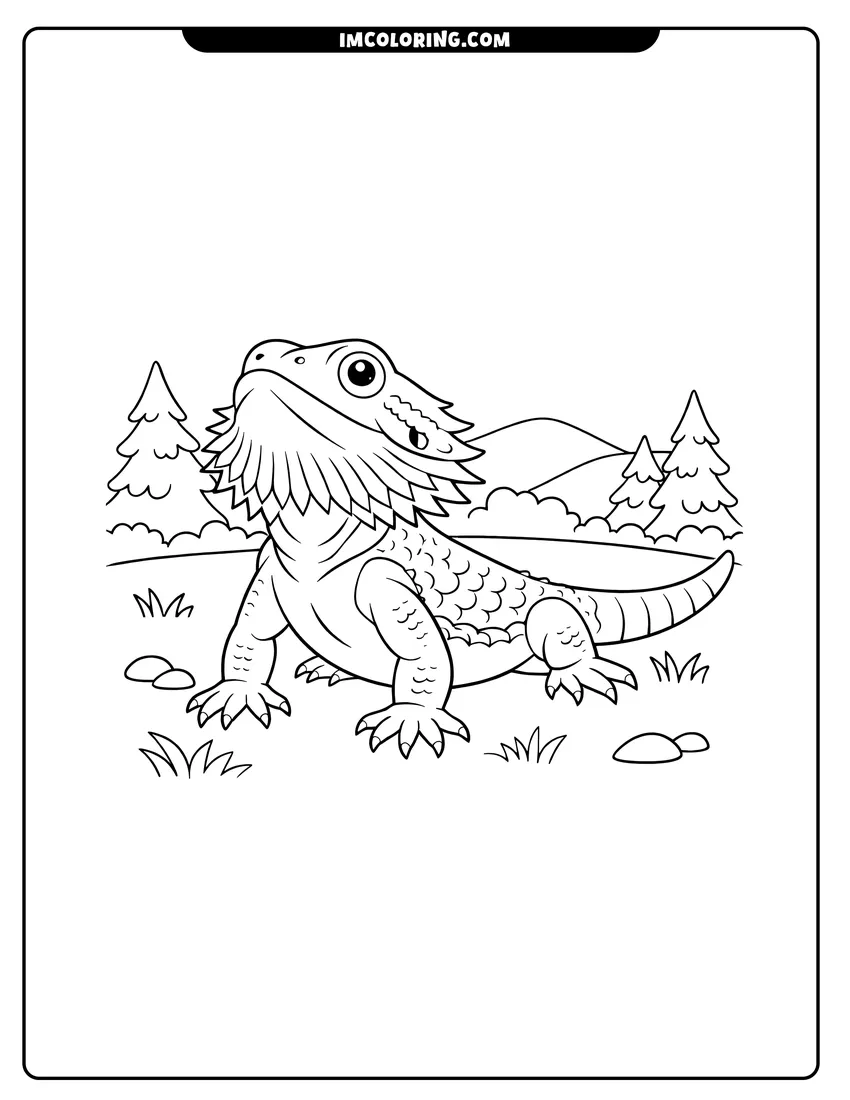 Kids activity sheet showing Small bearded dragon with head raised in a clearing