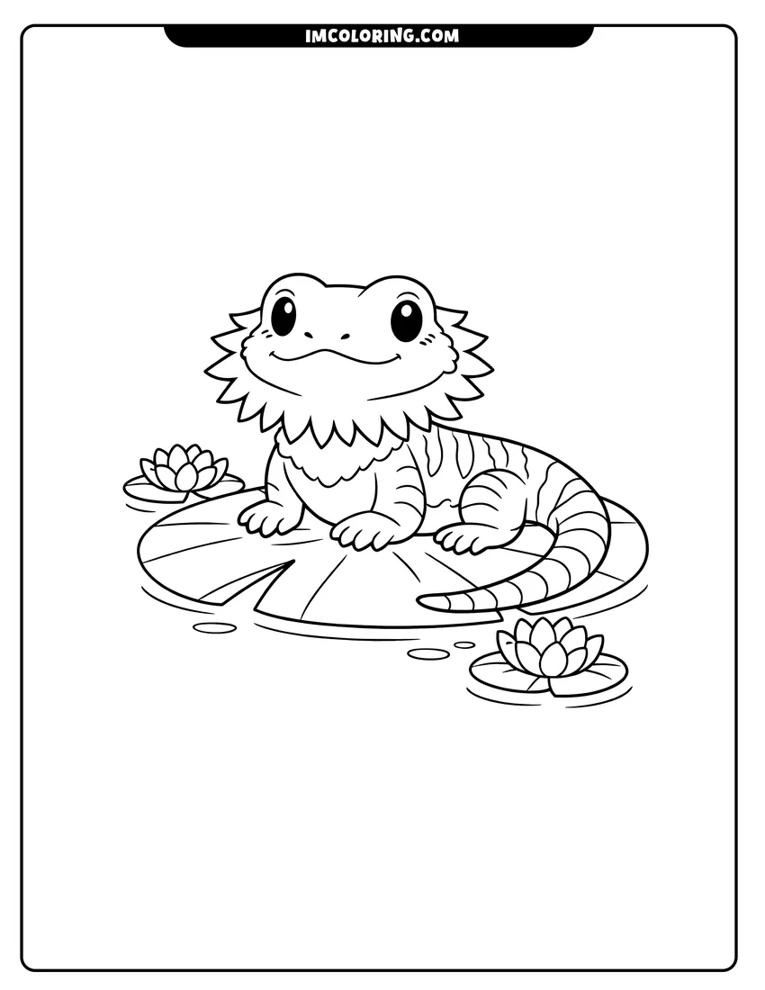 Printable Bearded dragon sitting on a lily pad in water coloring activity