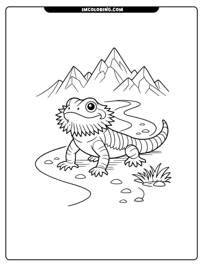 Black and white Striped bearded dragon on a winding mountain path coloring sheet