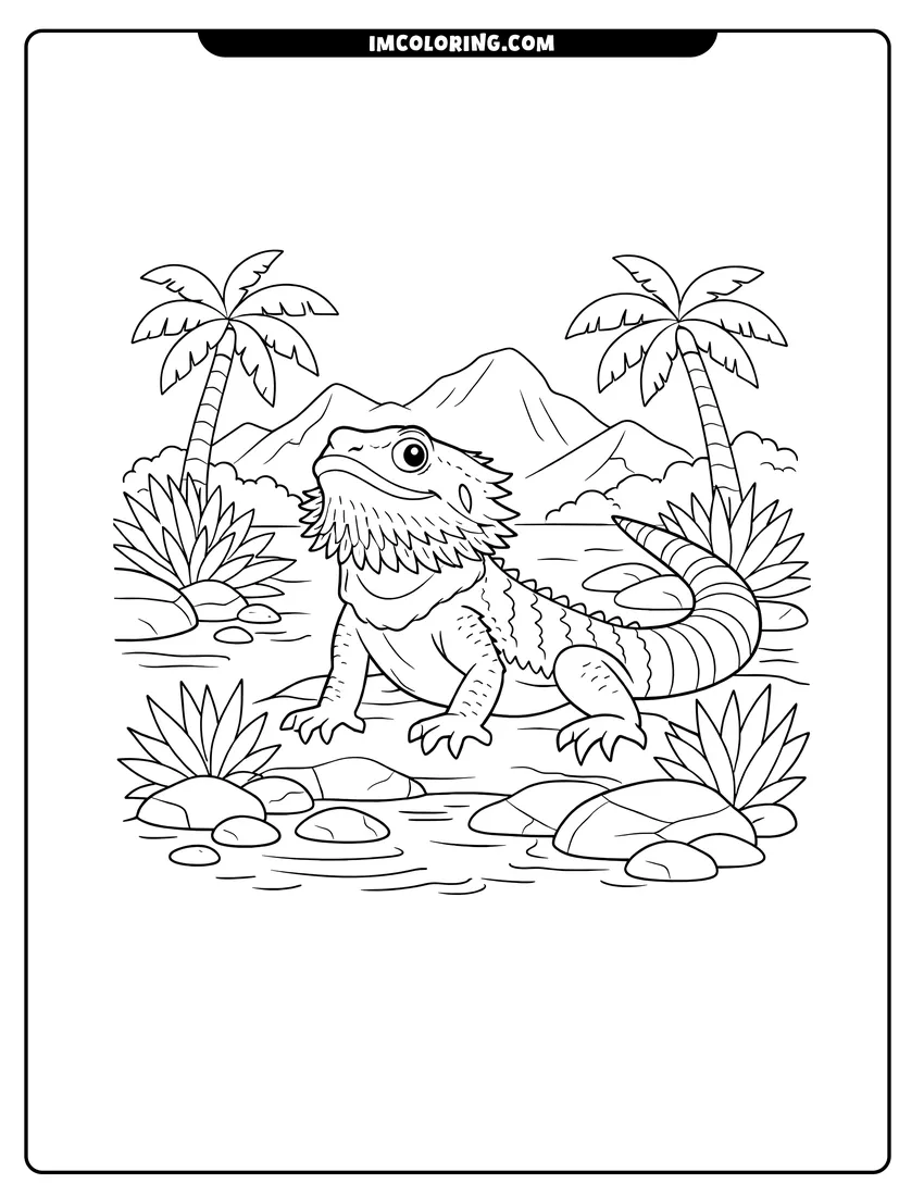 Illustration of Bearded dragon standing on a rocky riverbank near mountains ready for painting