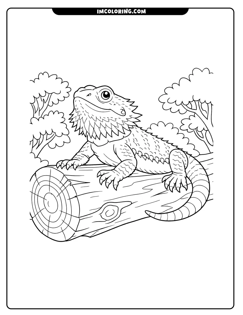 Easy-to-color Close up of a bearded dragon on a wooden log illustration