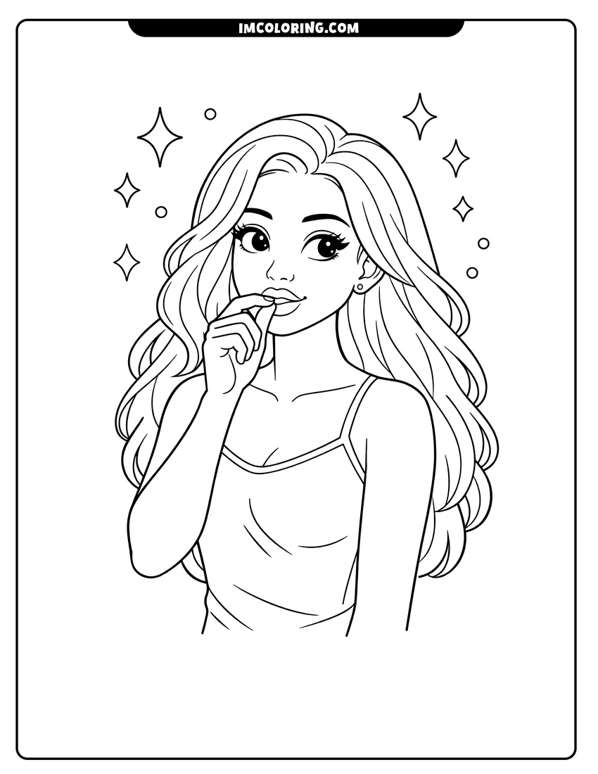 Line art depicting Beautiful Black girl with wavy hair surrounded by sparkles
