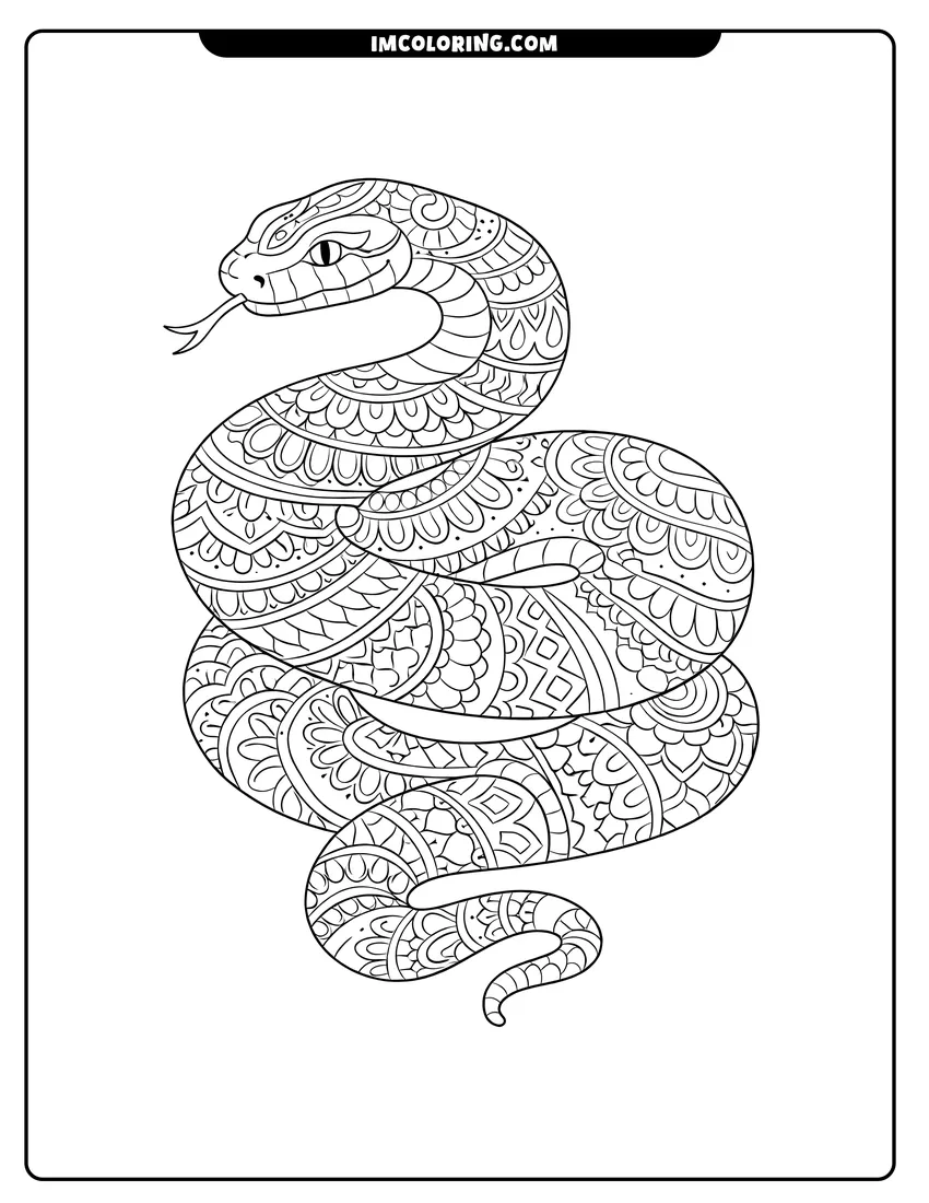 Illustration of Anaconda coiled in S-shape with detailed mandala patterns ready for painting