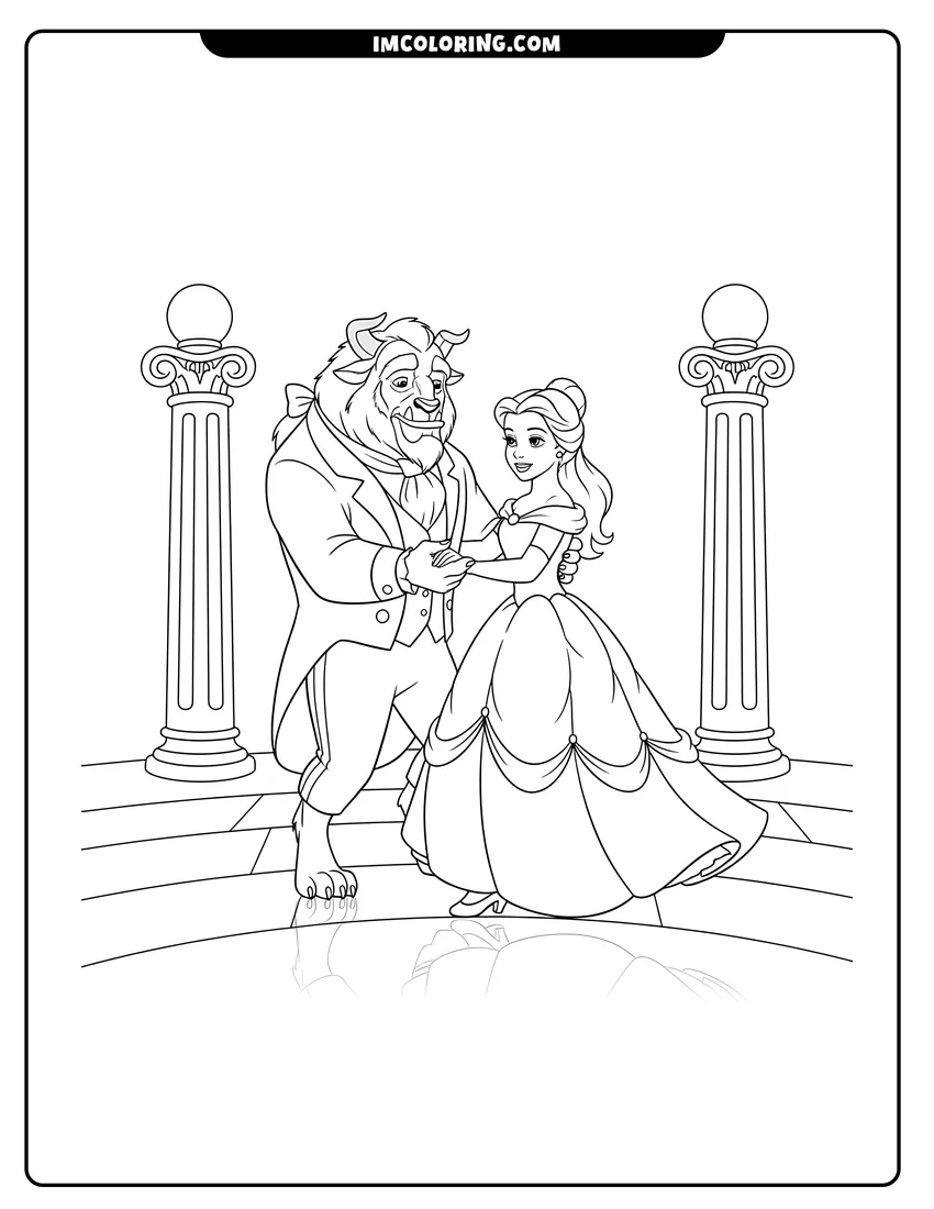 Illustration of Beauty and the Beast dancing in the elegant ballroom ready for painting
