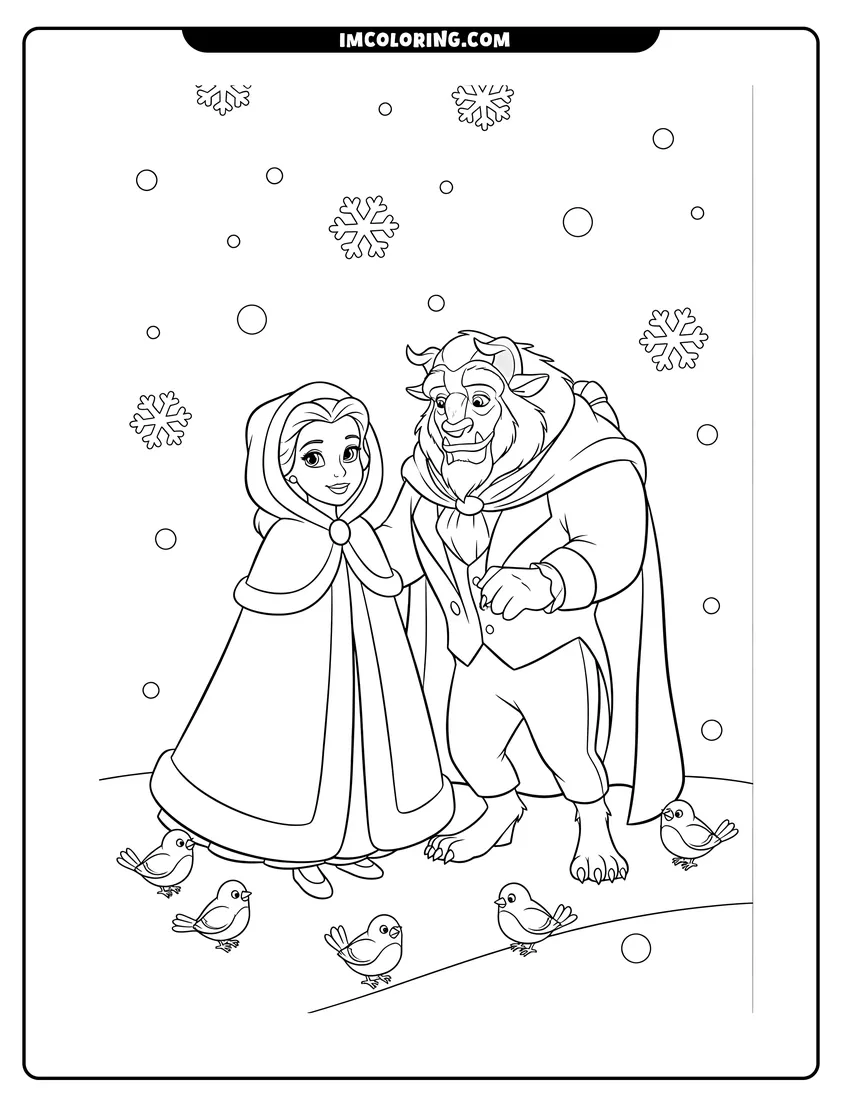 Detailed Belle and the Beast standing in the falling snow design for coloring