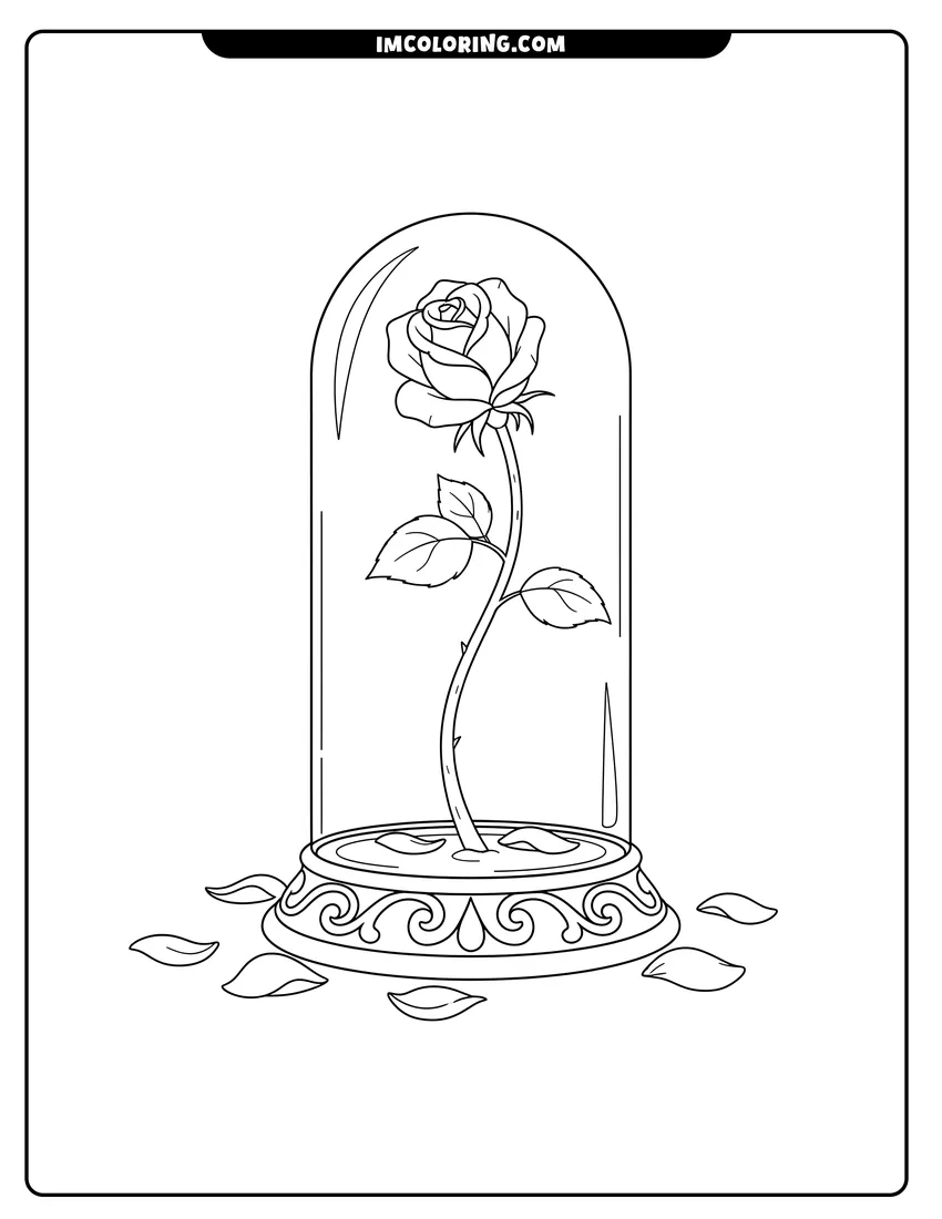 The enchanted rose inside a glass bell jar drawing meant for coloring