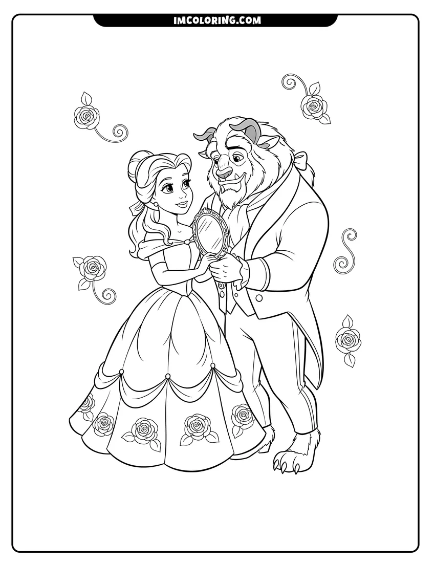 Simple line drawing of Belle and the Beast looking into a hand mirror