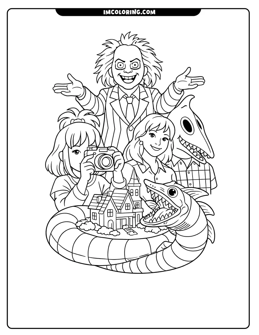 Easy-to-color Beetlejuice Lydia and the Maitlands with a town model illustration
