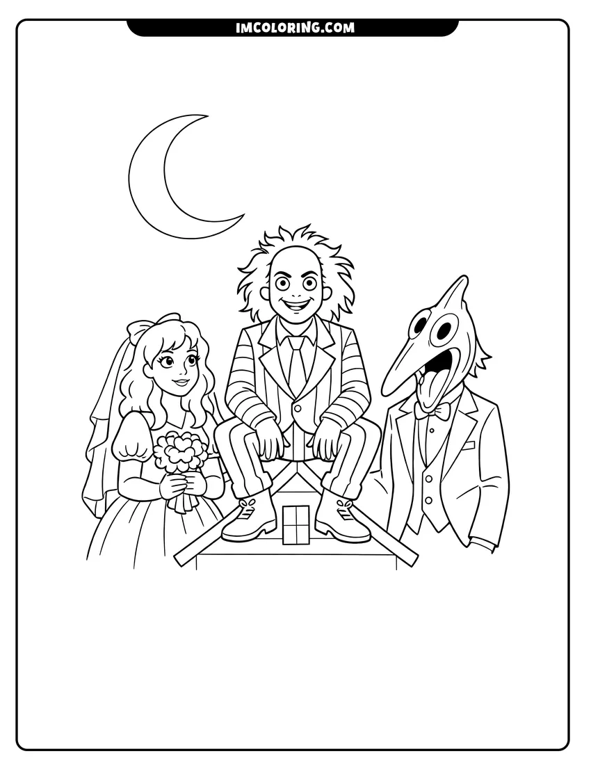 Cute Beetlejuice sitting on a house with Barbara and Adam Maitland outline for coloring