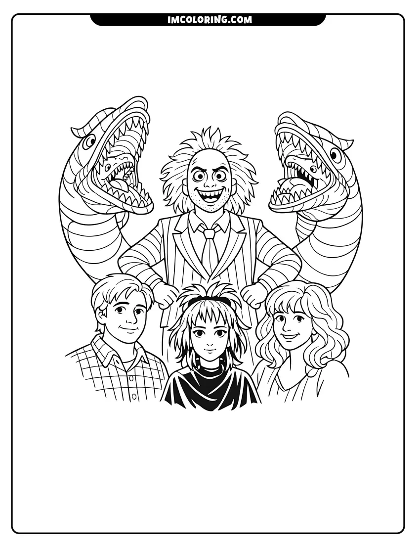 Simple line drawing of Beetlejuice with giant sandworms and the movie cast characters