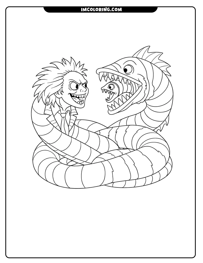 Outline of Beetlejuice serpent and a Saturn sandworm coiled together on a white background