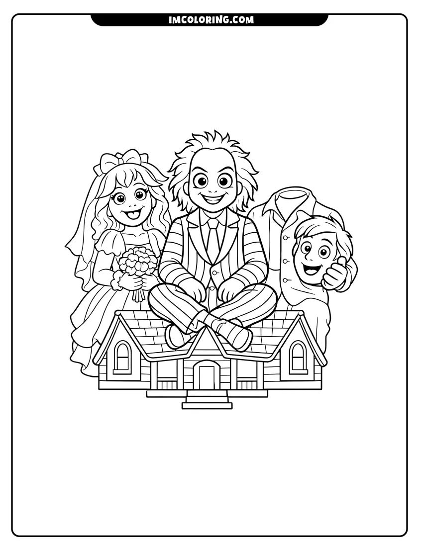 Printable outline of Beetlejuice and the Maitlands on the Maitland house roof