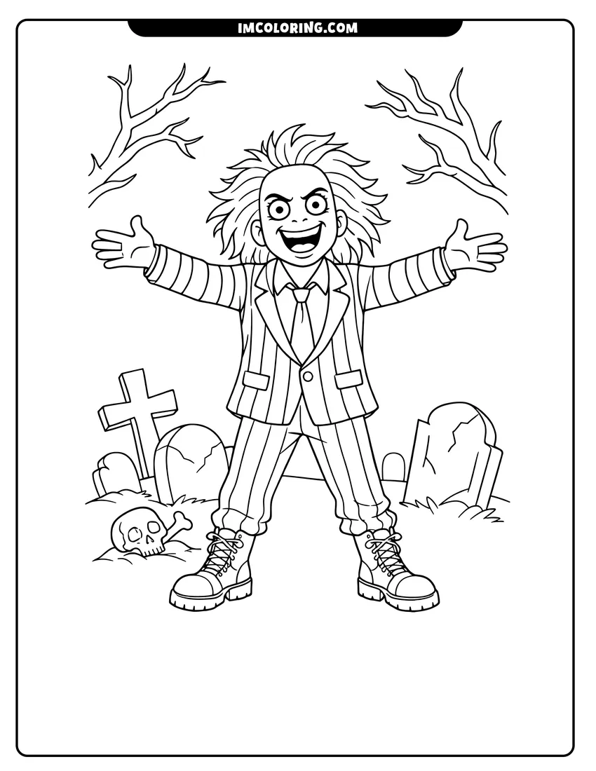 Scene showing Beetlejuice with arms outstretched in a graveyard to color