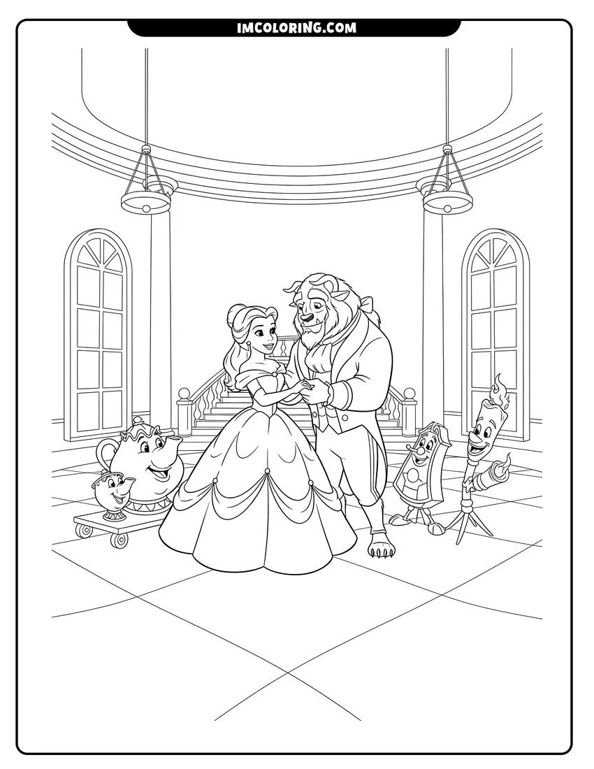 Belle and the Beast with enchanted castle objects drawing meant for coloring