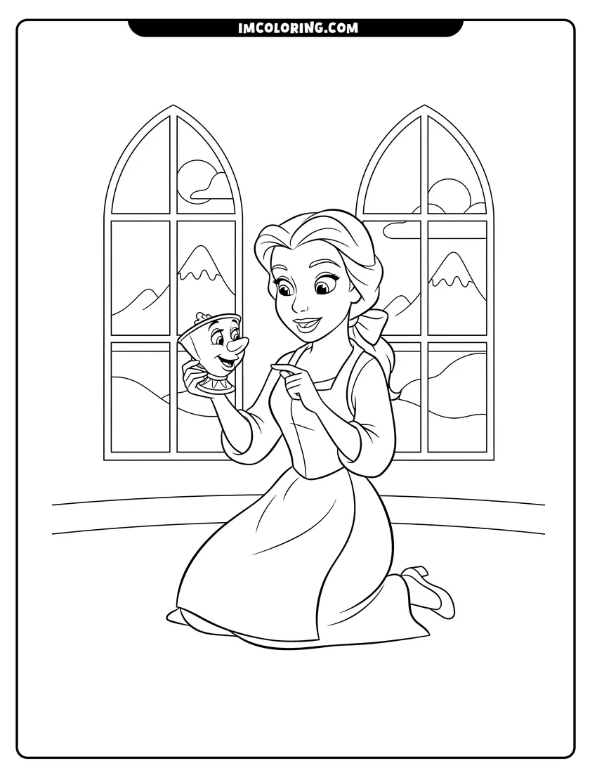 Easy-to-color Belle kneeling and talking to Chip the teacup illustration