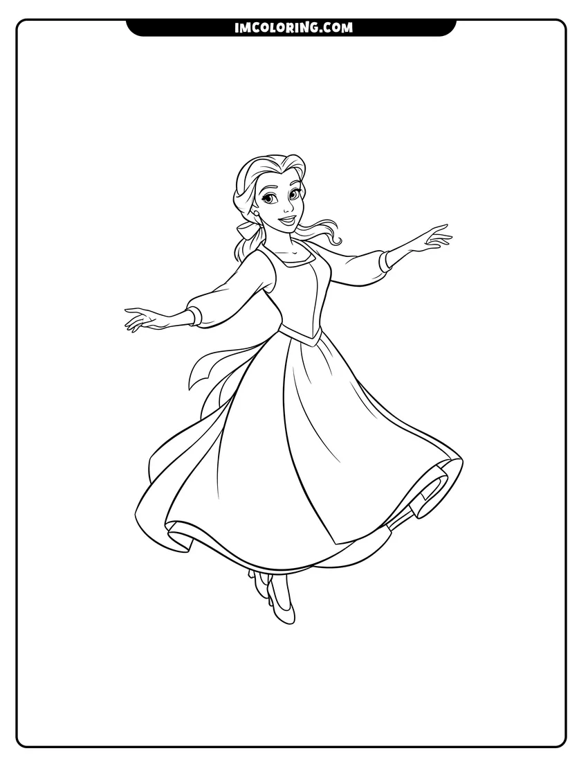 Printable outline of Belle dancing in her village dress and white apron