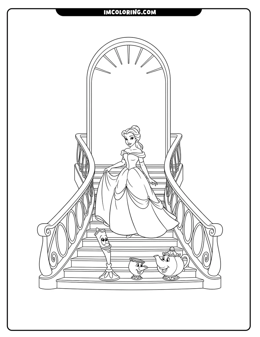Simple sketch of Belle descending the grand staircase with her castle friends for children