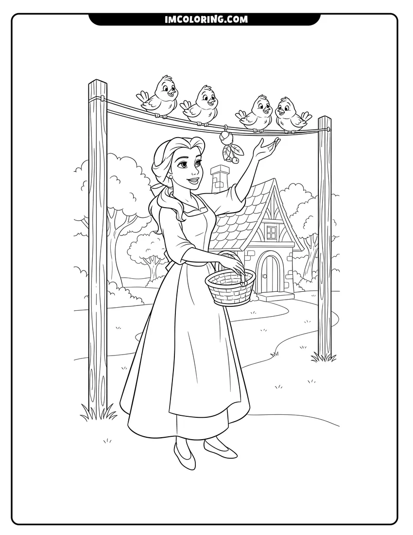 Kawaii style Belle in her village dress with birds and basket coloring picture