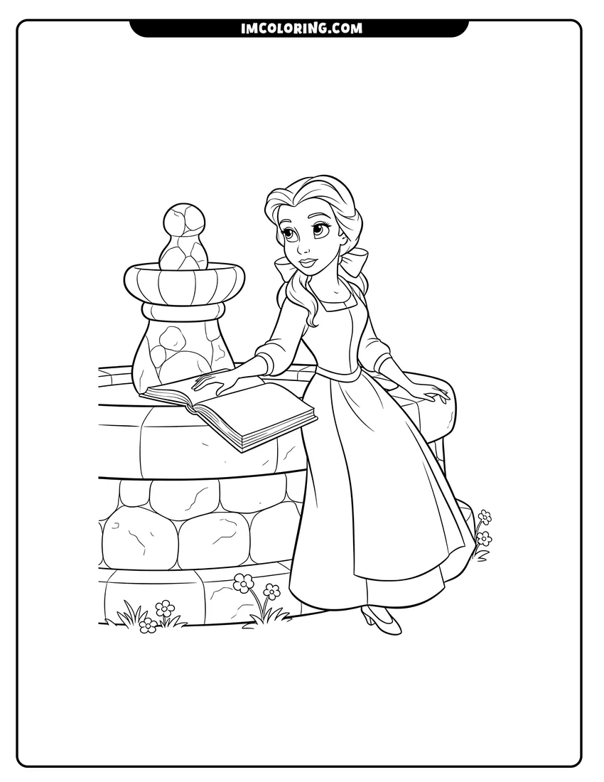 Simple sketch of Belle in a blue dress leaning on a fountain for children