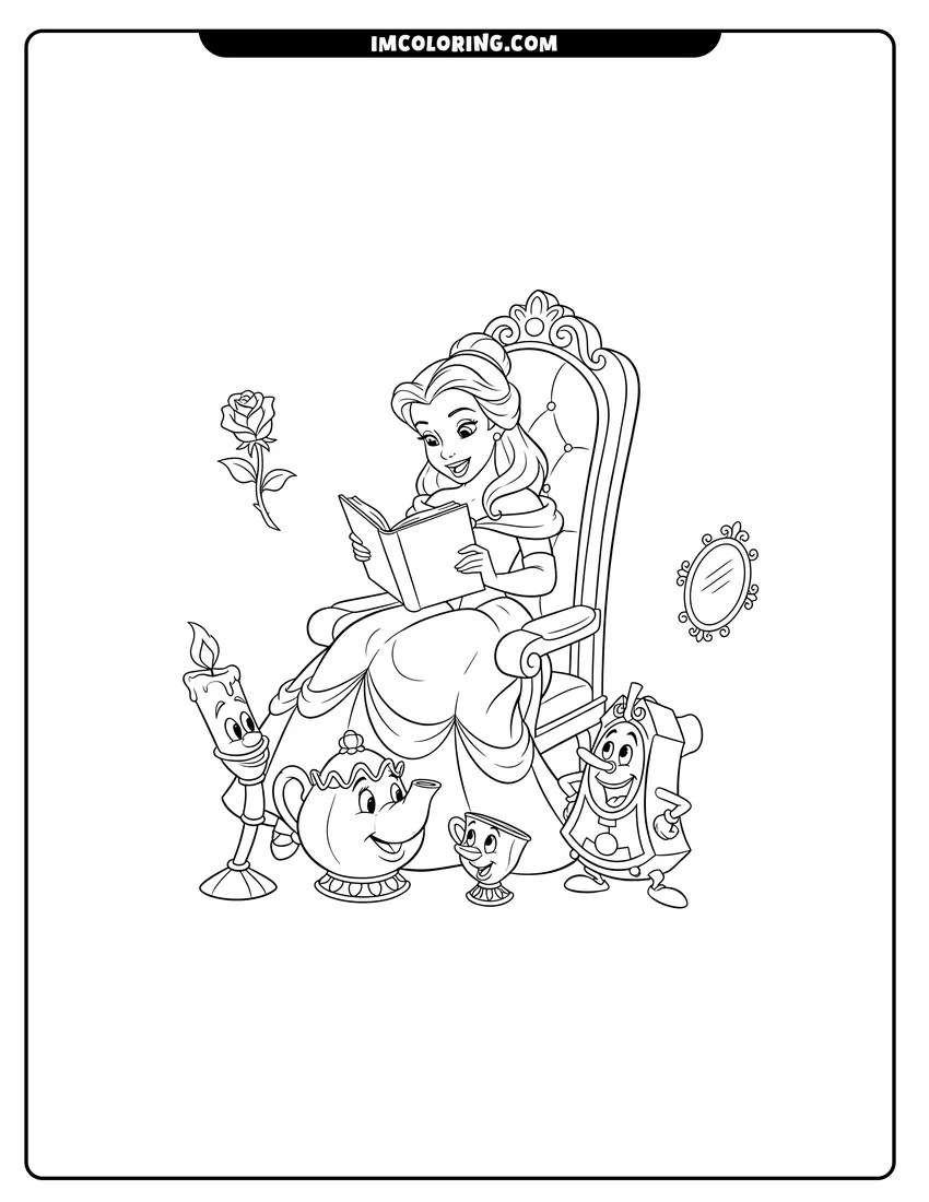 Scene showing Belle reading a book to Lumiere and friends to color