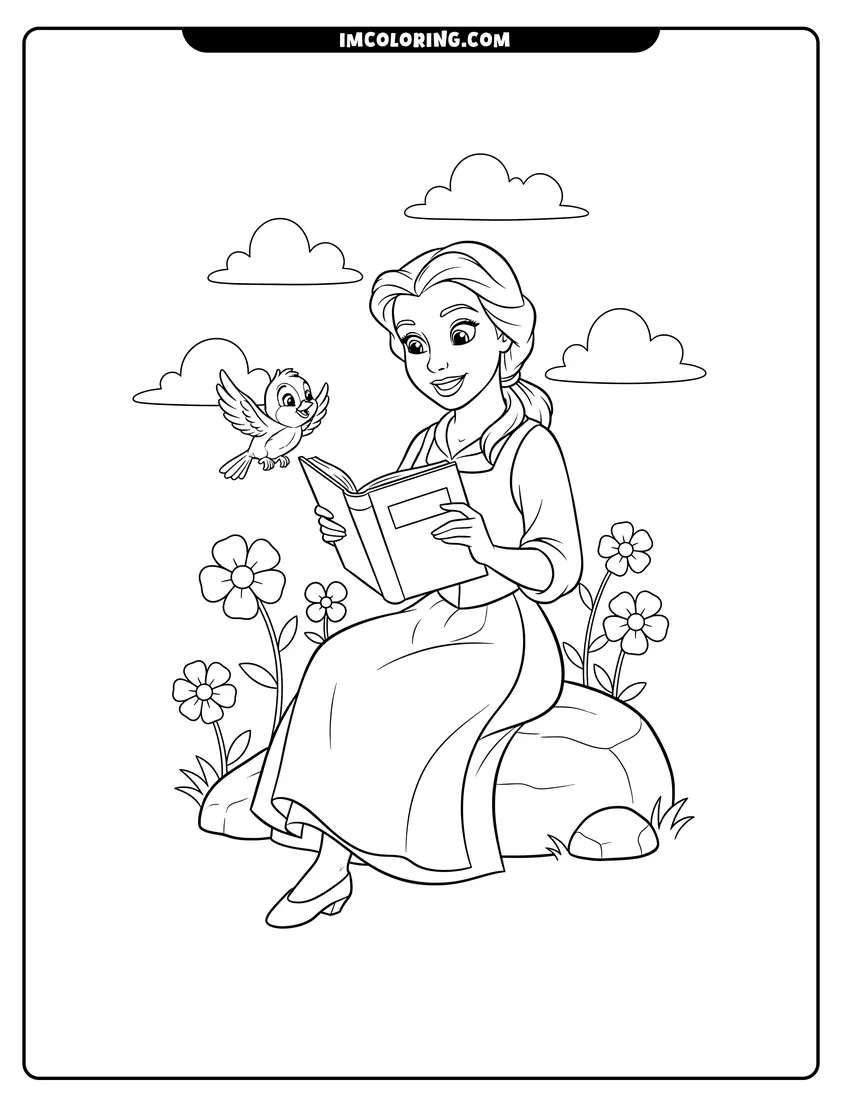 Simple line drawing of Belle reading a book on a rock with a bird