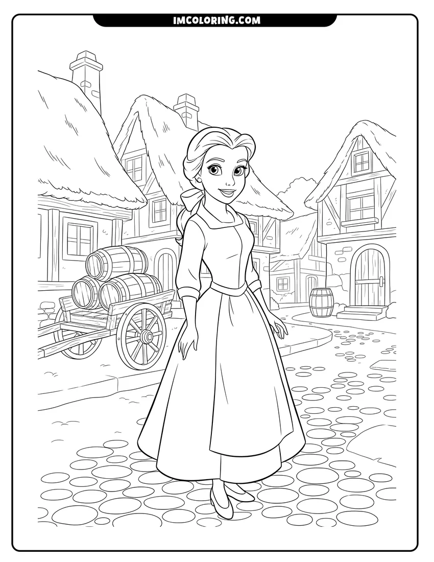Illustration of Belle smiling on a village cobblestone street ready for painting