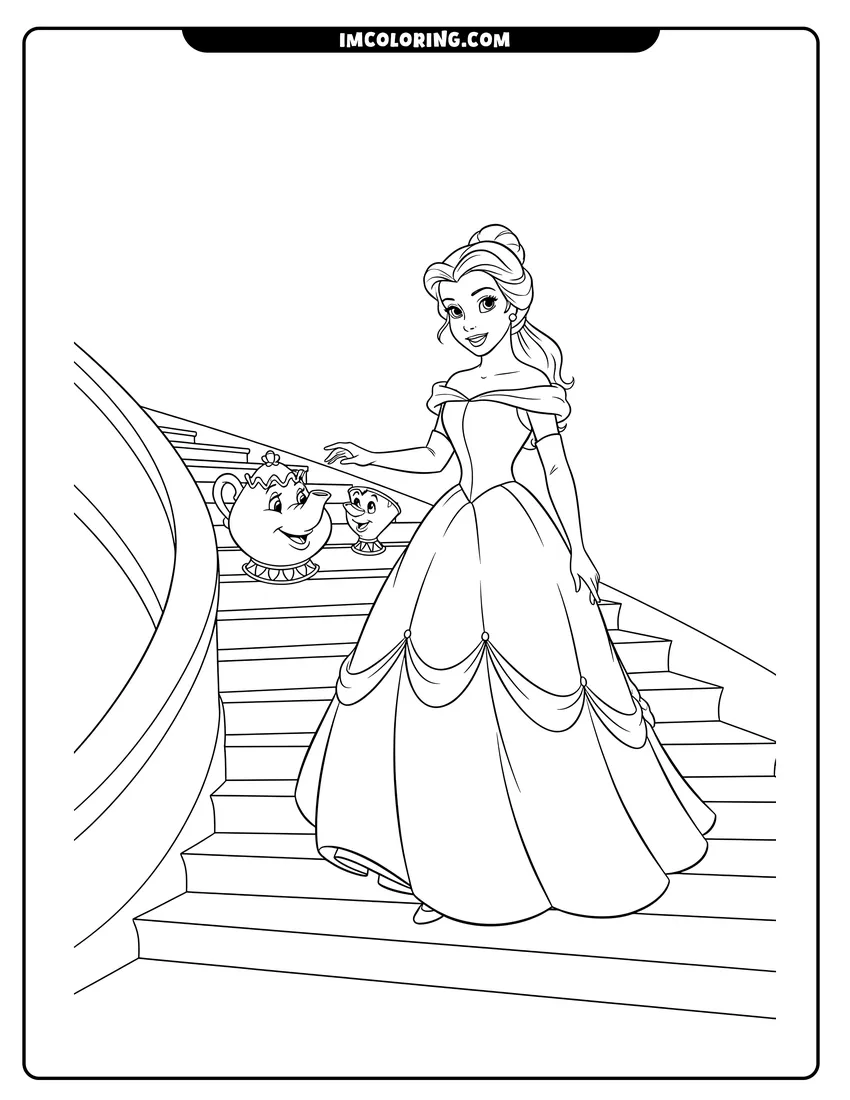Belle on stairs with Mrs. Potts and Chip coloring page for preschoolers