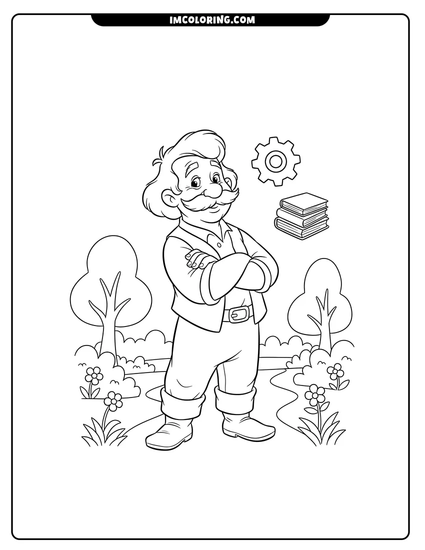 Scene showing Maurice the inventor standing on a path in forest to color