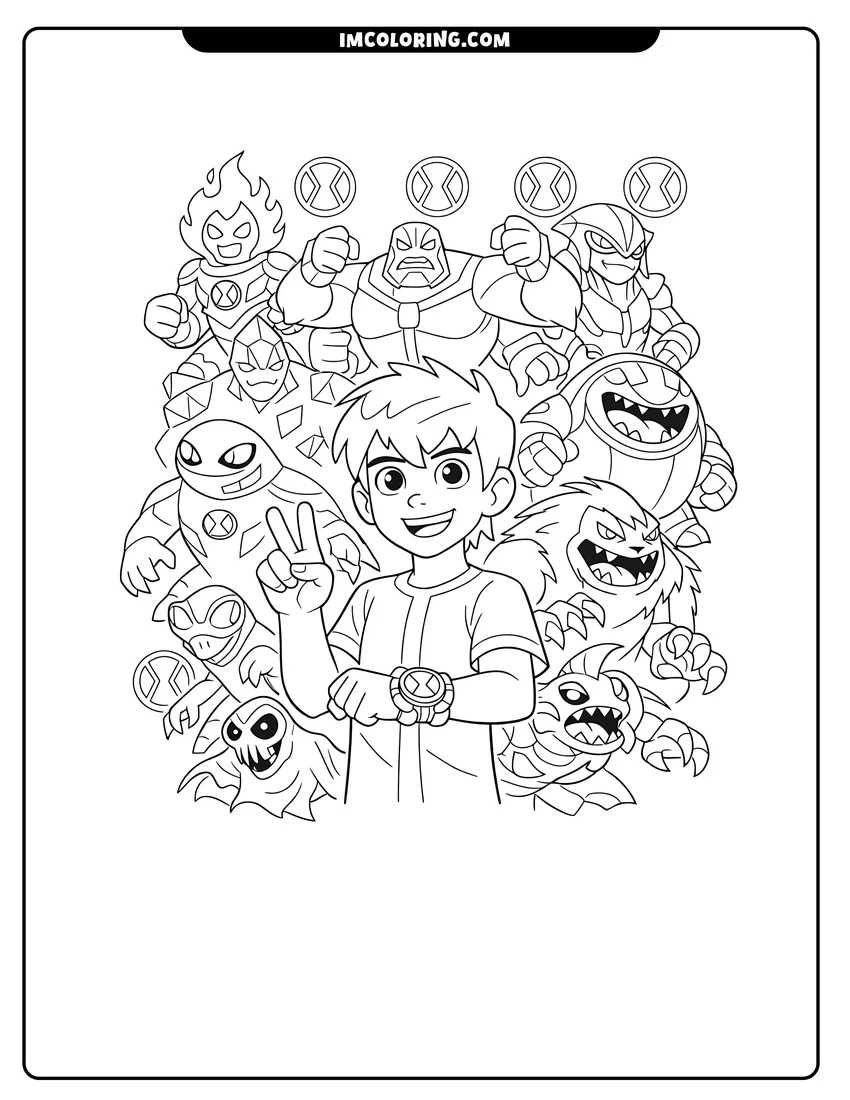 Kids activity sheet showing Ben Tennyson surrounded by ten alien forms