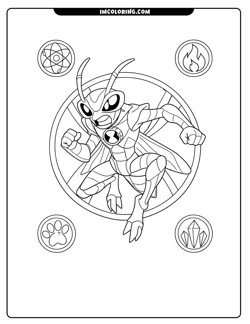 Scene showing Crashhopper leaping with Omnitrix symbol to color