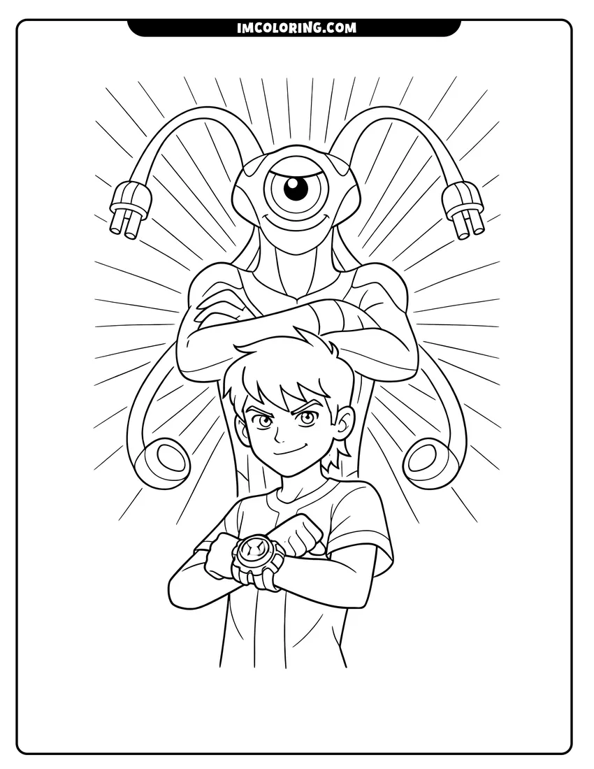 Feedback standing behind Ben Tennyson coloring page for preschoolers
