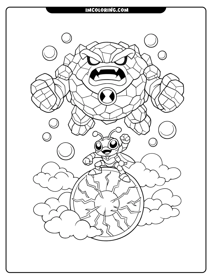 Printable coloring page featuring Gravattack floating with Ballweevil
