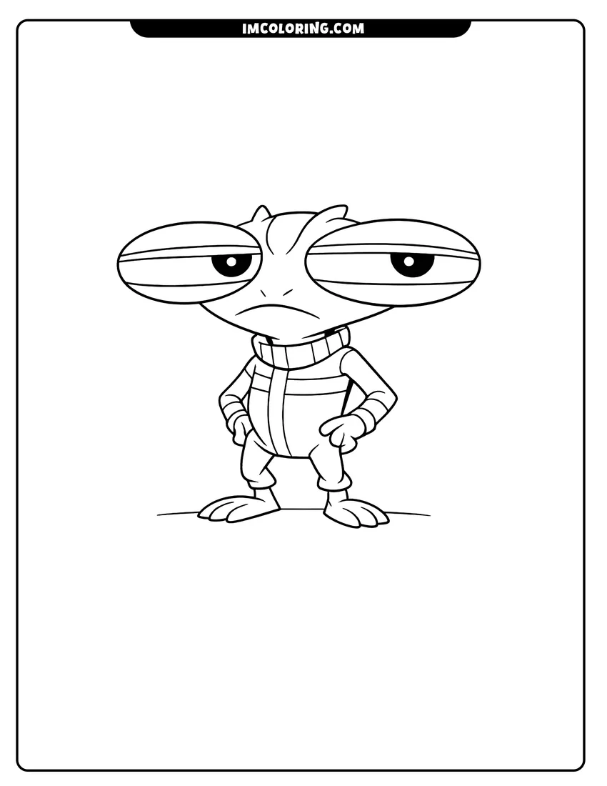 Cute Grey Matter in a classic jumpsuit outline for coloring