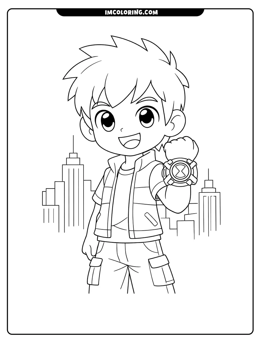 Printable outline of Kawaii Ben 10 holding up his watch