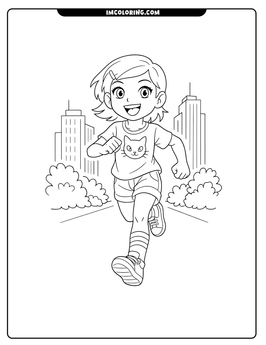 Coloring sheet of Young Gwen Tennyson running on sidewalk for kids