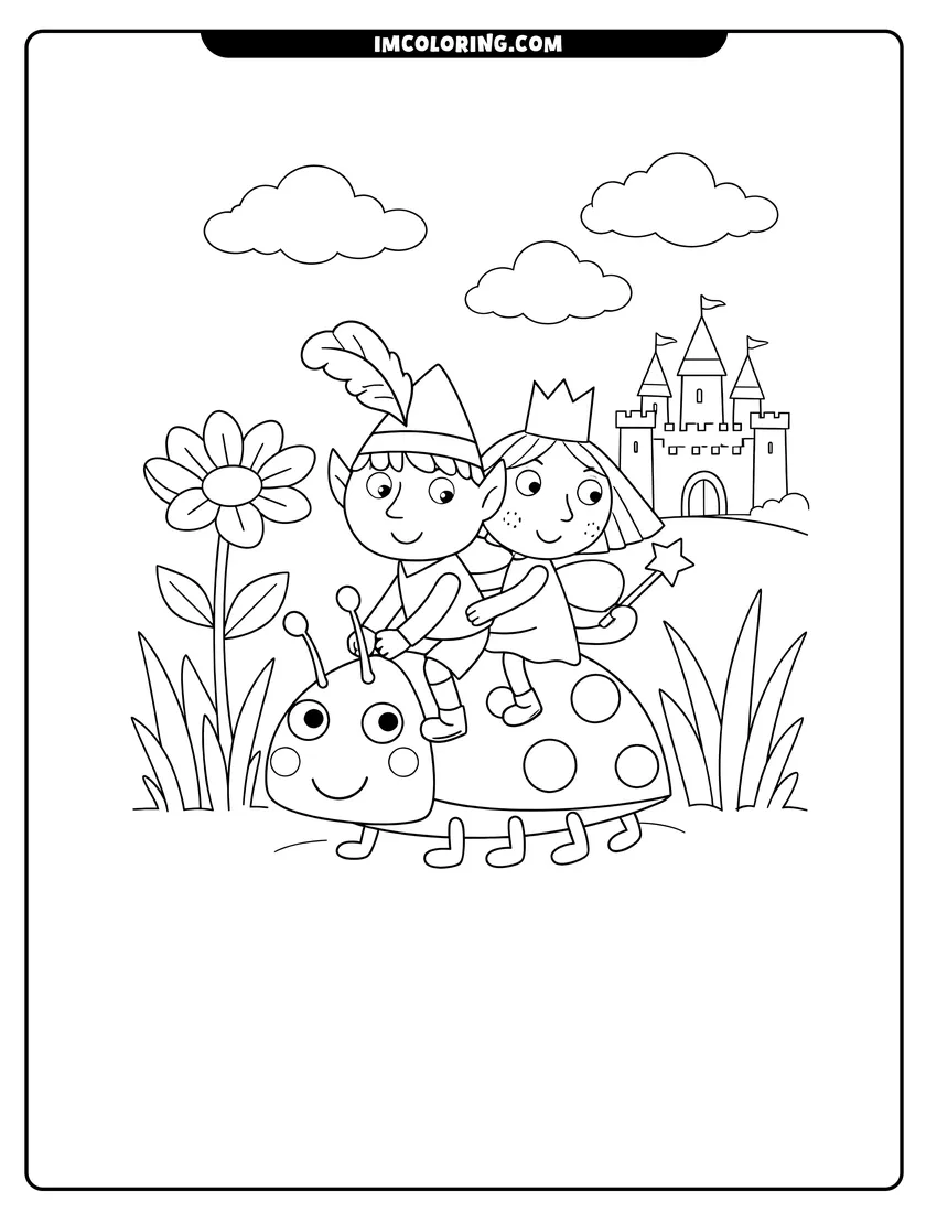 Illustration of Ben Elf and Princess Holly riding on Gaston ready for painting