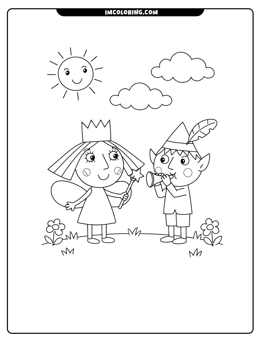 Line art depicting Ben Elf and Princess Holly in a field