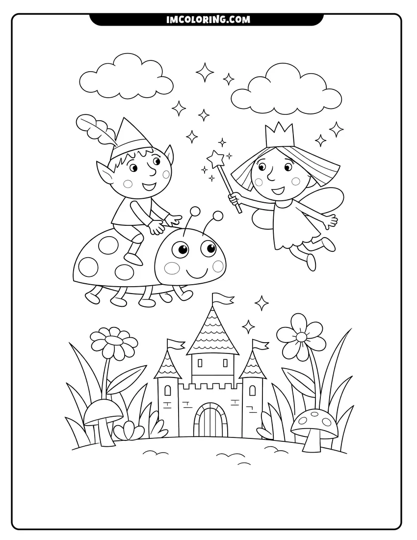Line art depicting Ben Elf and Princess Holly flying over a small castle