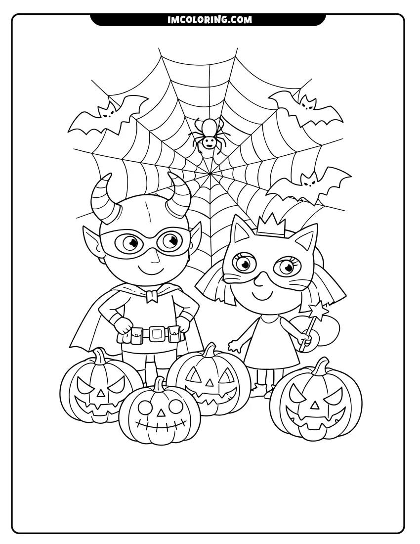 Simple line drawing of Ben Elf and Princess Holly in Halloween costumes