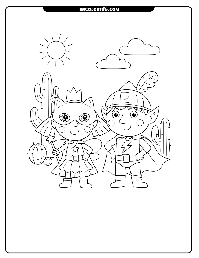Scene showing Ben Elf and Princess Holly in superhero costumes to color