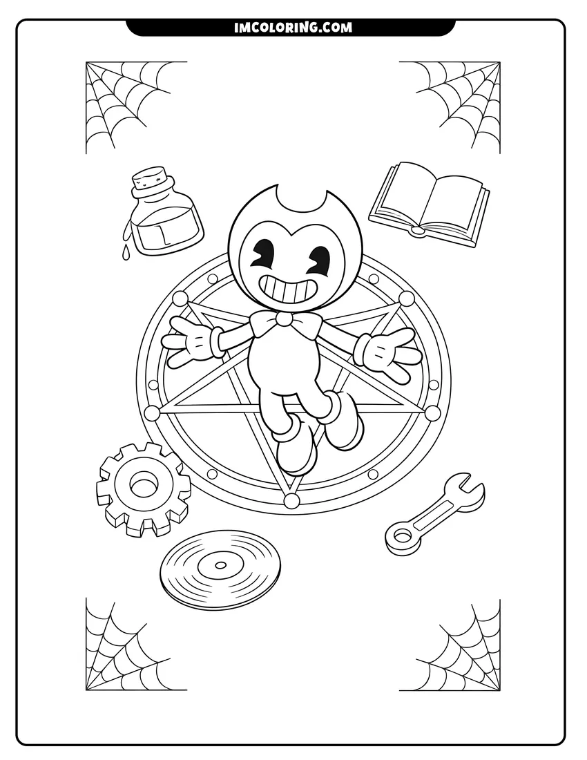 Printable outline of Bendy floating inside a magic circle with various objects