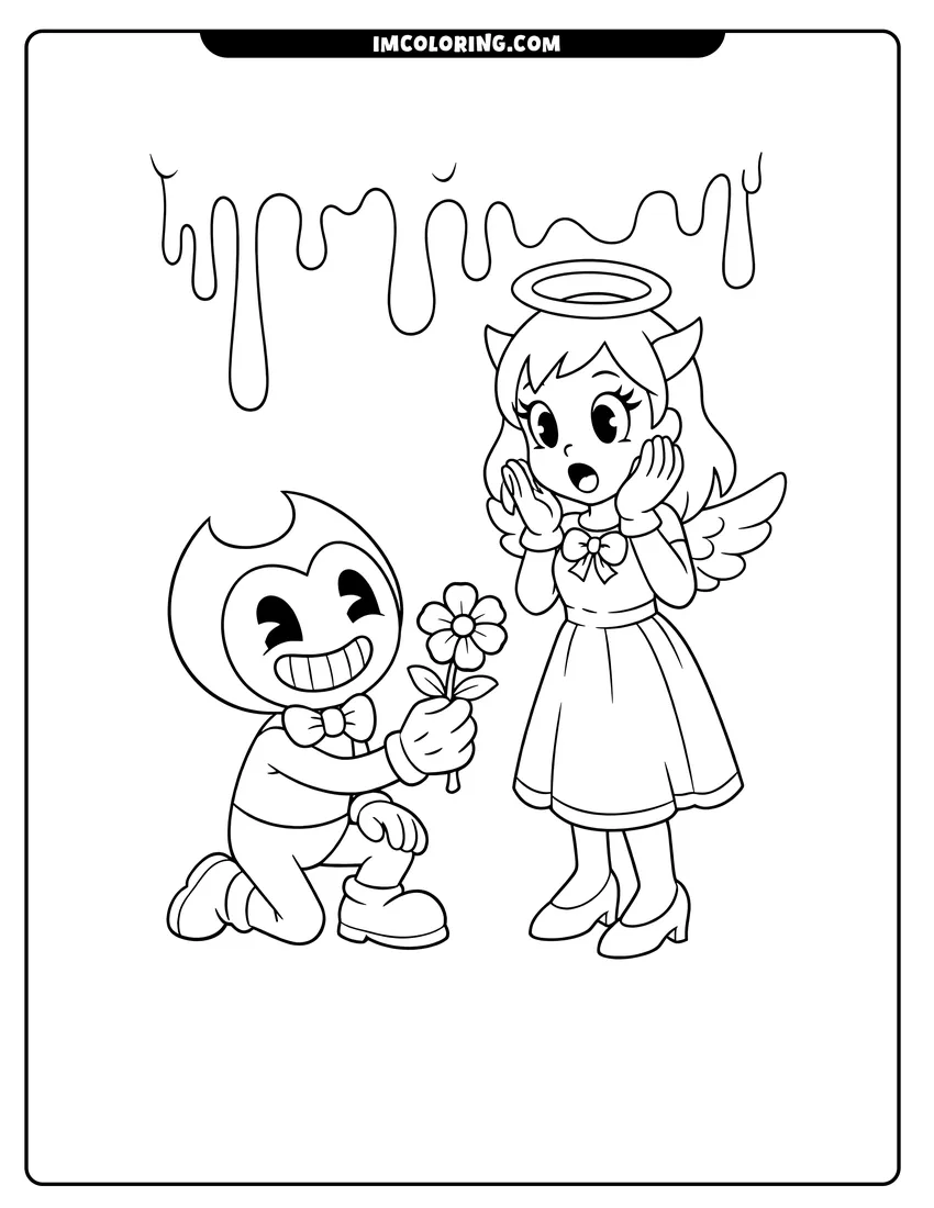 Bendy offering a flower to a surprised Alice Angel drawing meant for coloring