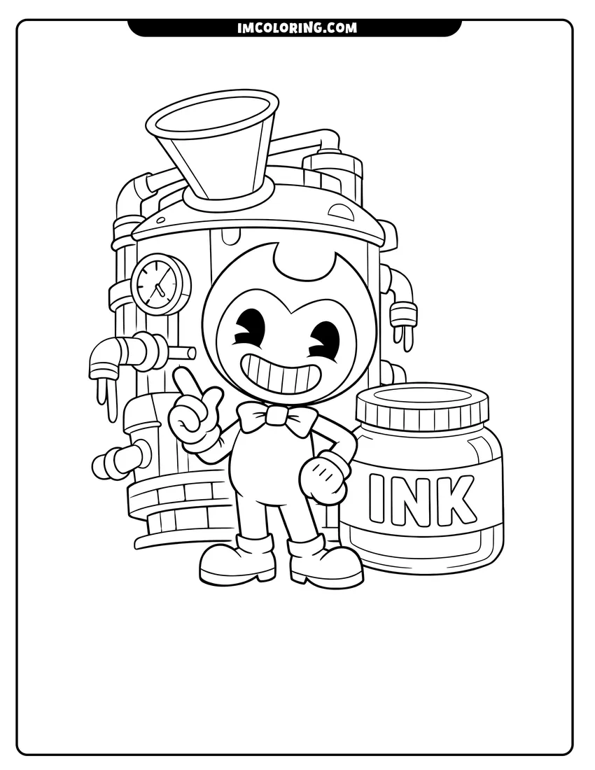Printable coloring page featuring Bendy standing in front of the massive Ink Machine