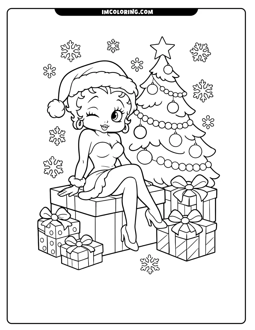 Outline of Betty Boop in a Santa hat by a Christmas tree on a white background
